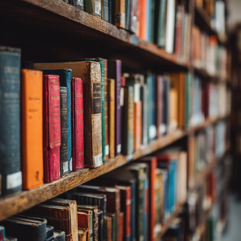 Close-up of vintage books on shelf