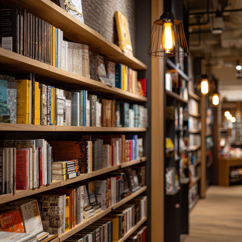 Modern bookstore aisle with pendant lights